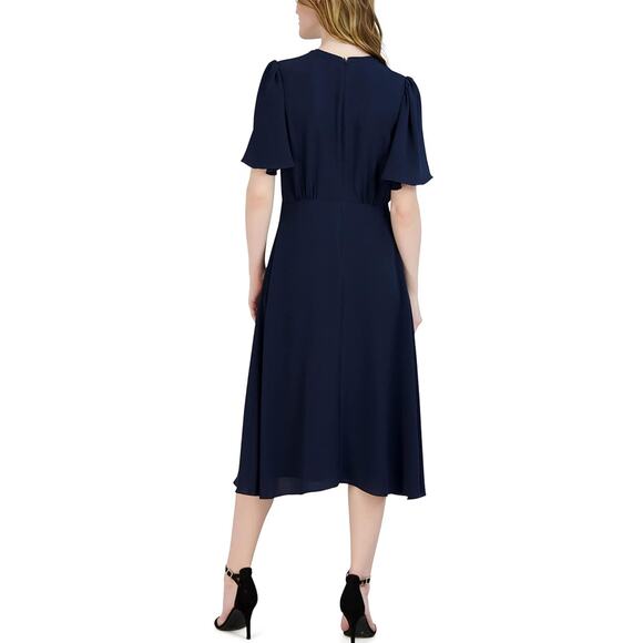 Julia Jordan Navy Blue Flounce Sleeve A Line Midi Dress EUC Size 4 - Picture 2 of 8